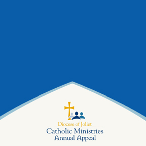 Blue square with a white peak at the bottom that has an icon and text vertically stacked that reads, 